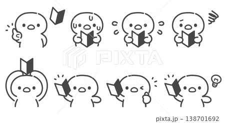 初心者マークを持つひよこの手描き線画イラストセット 上半身 138701692