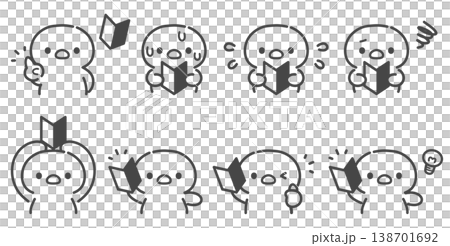 初心者マークを持つひよこの手描き線画イラストセット 上半身 138701692