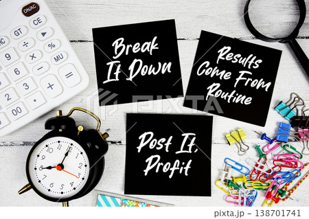 Break It Down, Results Come From Routine, Post It, Profit text written on paper note with calculator and magnifying glass on wooden background 138701741