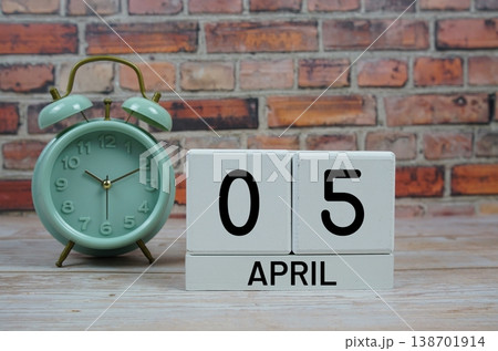 Wooden Calendar Showing the Date of April 5th. Day 5 of April month 138701914