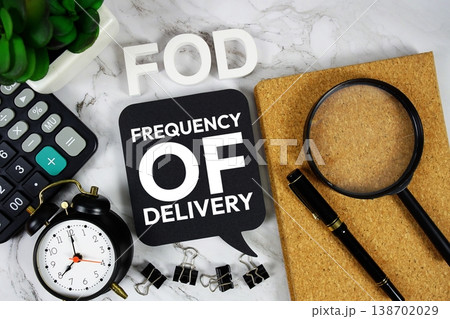 FOD - Frequency Of Delivery acronym with calculator, alarm clock and magnifying glass, Business concept background FOD - Frequency Of Delivery acronym with calculator, alarm clock and magnifying glass, Business concept background 138702029