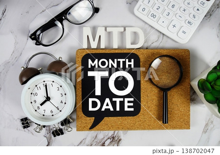 MTD - Month To Date acronym with calculator, alarm clock and magnifying glass, Business concept background 138702047