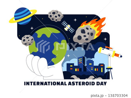 World Asteroid Day Vector Illustration Featuring Earth, Space Rockets, Meteor Impact, and Planetary Defense Awareness Design 138703304