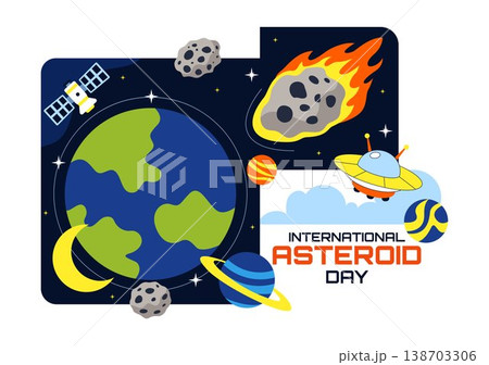 World Asteroid Day Vector Illustration Featuring Earth, Space Rockets, Meteor Impact, and Planetary Defense Awareness Design 138703306