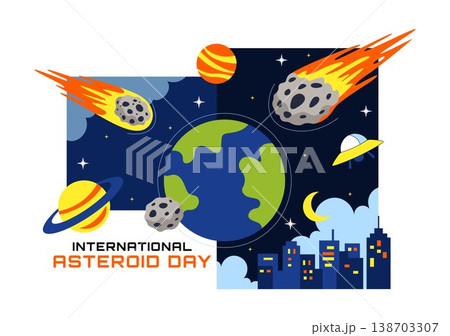 World Asteroid Day Vector Illustration Featuring Earth, Space Rockets, Meteor Impact, and Planetary Defense Awareness Design World Asteroid Day Vector Illustration Featuring Earth, Space Rockets, Meteor Impact, and Planetary Defense Awareness Design 138703307