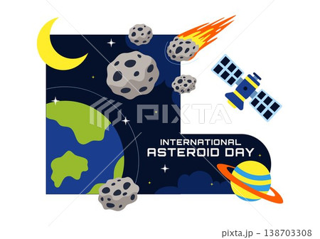 World Asteroid Day Vector Illustration Featuring Earth, Space Rockets, Meteor Impact, and Planetary Defense Awareness Design 138703308