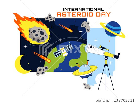 World Asteroid Day Vector Illustration Featuring Earth, Space Rockets, Meteor Impact, and Planetary Defense Awareness Design 138703311