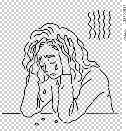 An illustration of a woman crying with her head in her hands. 138703957