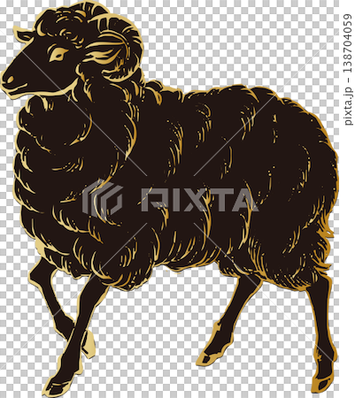 New Year's Cards for 2027 (Year of the Sheep): Watercolor illustration of a sheep, Chinese zodiac, hand-drawn, Japanese painting, ink painting, sumi-e (ink painting). 138704059