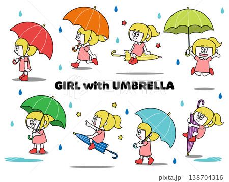 傘を持った子どものイラストセット（女の子） 138704316