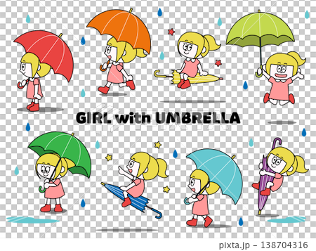 傘を持った子どものイラストセット（女の子） 138704316
