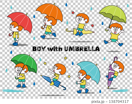 A set of illustrations of a boy holding an umbrella. 138704317
