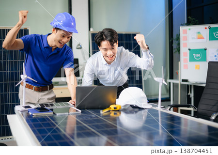 Engineer Team Meeting of Sustainable on a solar and wind energy project, discussing innovation Engineer Team Meeting of Sustainable on a solar and wind energy project, discussing innovation 138704451