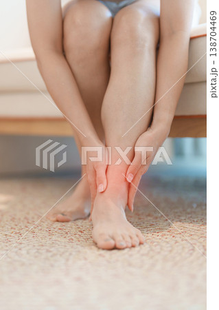 woman having leg pain due to Ankle Sprains or Achilles Tendonitis and Shin Splints ache. injury, hyperuricemia disease and Gout. Health care and medical treatment concepts woman having leg pain due to Ankle Sprains or Achilles Tendonitis and Shin Splints ache. injury, hyperuricemia disease and Gout. Health care and medical treatment concepts 138704469