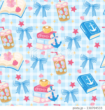 Cute coastal iced coffee and books gingham seamless pattern Cute coastal iced coffee and books gingham seamless pattern 138704533