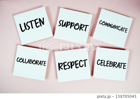 Listen, Support, Communicate, Collaborate, Respect, Celebrate message written on paper notes Teamwork concept Listen, Support, Communicate, Collaborate, Respect, Celebrate message written on paper notes Teamwork concept 138705045