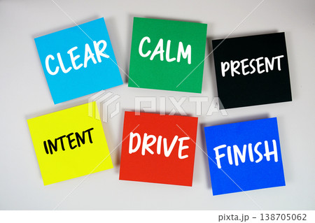 Clear, Calm, Present, Intent, Drive, Finish message written on paper notes Focus concept Clear, Calm, Present, Intent, Drive, Finish message written on paper notes Focus concept 138705062