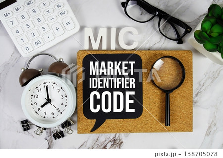 MIC - Market Identifier Code acronym with calculator, alarm clock and magnifying glass, Business concept background 138705078
