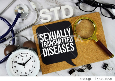 STD - Sexually Transmitted Diseases acronym with alarm clock and magnifying glass, medical and healthcare concept background 138705096