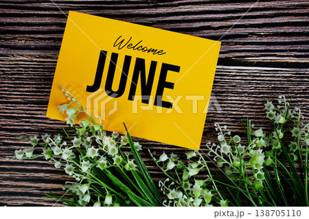 Welcome June text written on paper card with flower decorations Welcome June text written on paper card with flower decorations 138705110