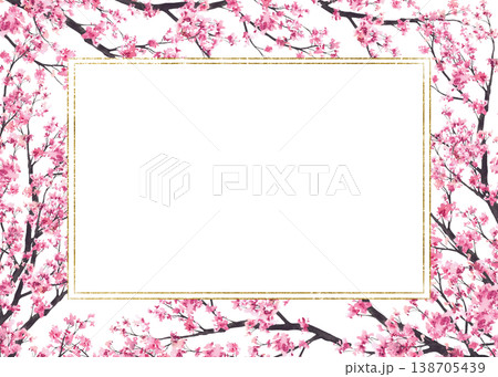 Cherry blossom golden frame. Blooming sakura tree branch pink flowers, buds gold framed. Hand drawn watercolor illustration. Spring template isolated from background for Hanami greeting cards print. Cherry blossom golden frame. Blooming sakura tree branch pink flowers, buds gold framed. Hand drawn watercolor illustration. Spring template isolated from background for Hanami greeting cards print. 138705439