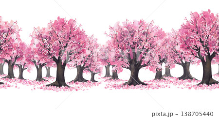 Watercolor Blooming sakura trees with soft pink cherry blossoms flowers and falling petals. Hand painted seamless border landscape. Illustration isolated from background for fabric, Asian pattern. Watercolor Blooming sakura trees with soft pink cherry blossoms flowers and falling petals. Hand painted seamless border landscape. Illustration isolated from background for fabric, Asian pattern. 138705440