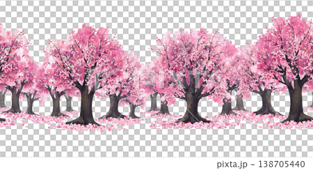 Watercolor Blooming sakura trees with soft pink cherry blossoms flowers and falling petals. Hand painted seamless border landscape. Illustration isolated from background for fabric, Asian pattern. Watercolor Blooming sakura trees with soft pink cherry blossoms flowers and falling petals. Hand painted seamless border landscape. Illustration isolated from background for fabric, Asian pattern. 138705440