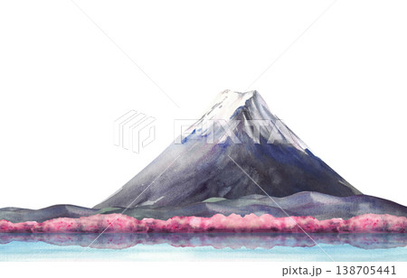 Watercolor Mount Fuji with cherry blossom trees and water reflection. Hand painted spring Japan Landscape illustration isolated from background for poster, card prints and Asian cultural travel design 138705441