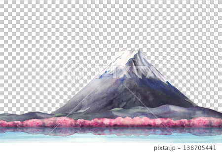 Watercolor Mount Fuji with cherry blossom trees and water reflection. Hand painted spring Japan Landscape illustration isolated from background for poster, card prints and Asian cultural travel design 138705441
