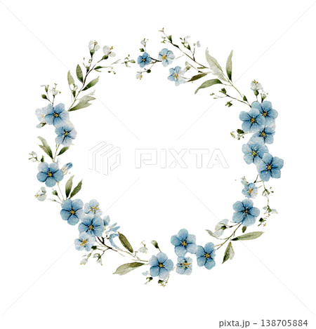 ネモフィラの花冠リース 水彩風ボタニカルフレームイラスト 138705884