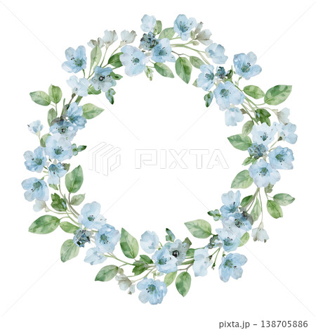 ネモフィラの花冠リース 水彩風ボタニカルフレームイラスト 138705886