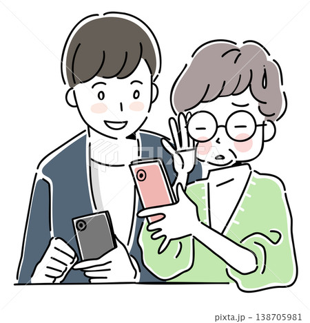 スマホを操作するシニアの女性と側で見守る若者のイラスト 138705981