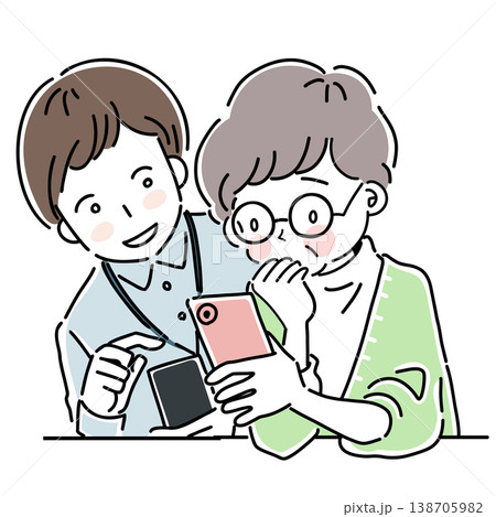 スマホを操作するシニアの女性と側で見守る若者のイラスト 138705982