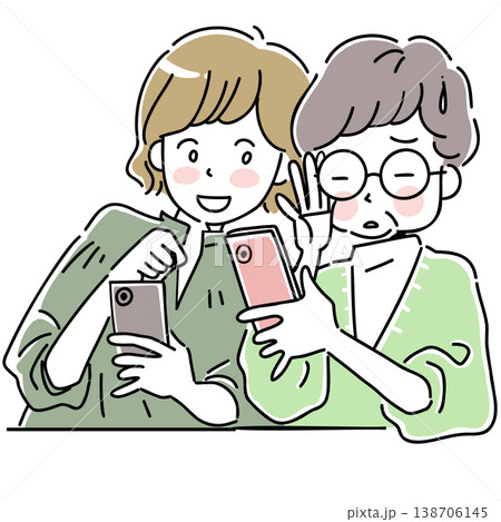 スマホを操作するシニアの女性と側で見守る女性のイラスト スマホを操作するシニアの女性と側で見守る女性のイラスト 138706145
