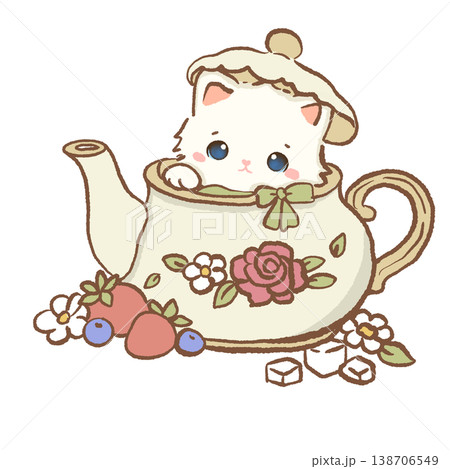 Cute Kawaii White Cat Sitting Inside Vintage Floral Teapot Cozy Afternoon Tea Illustration Cute Kawaii White Cat Sitting Inside Vintage Floral Teapot Cozy Afternoon Tea Illustration 138706549
