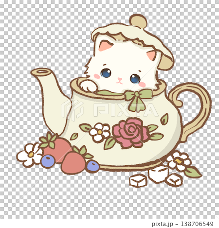 Cute Kawaii White Cat Sitting Inside Vintage Floral Teapot Cozy Afternoon Tea Illustration Cute Kawaii White Cat Sitting Inside Vintage Floral Teapot Cozy Afternoon Tea Illustration 138706549