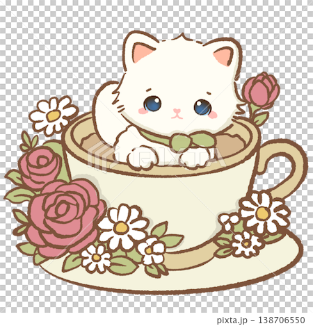 Cute Kawaii White Cat Sitting Inside Vintage Teacup Surrounded By Roses And Daisies Cottagecore Illustration 138706550