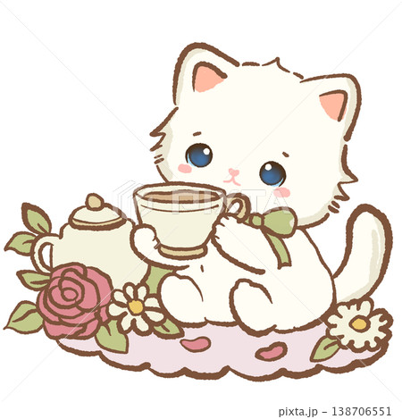 Cute Kawaii White Cat Drinking Tea With Teapot Cozy Afternoon Tea Cottagecore Aesthetic Illustration Cute Kawaii White Cat Drinking Tea With Teapot Cozy Afternoon Tea Cottagecore Aesthetic Illustration 138706551