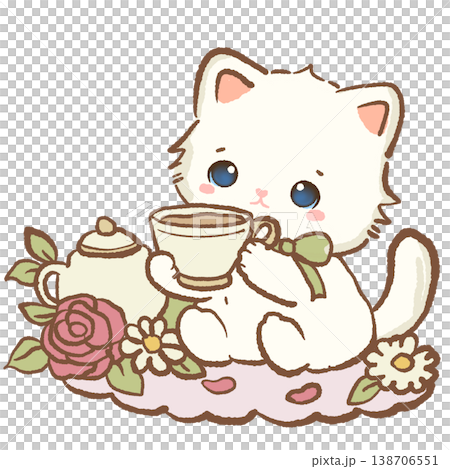Cute Kawaii White Cat Drinking Tea With Teapot Cozy Afternoon Tea Cottagecore Aesthetic Illustration Cute Kawaii White Cat Drinking Tea With Teapot Cozy Afternoon Tea Cottagecore Aesthetic Illustration 138706551