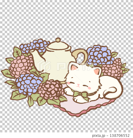 Cute Kawaii White Cat Sleeping With Teapot Surrounded By Hydrangea Flowers Cozy Tea Garden Illustration Cute Kawaii White Cat Sleeping With Teapot Surrounded By Hydrangea Flowers Cozy Tea Garden Illustration 138706552