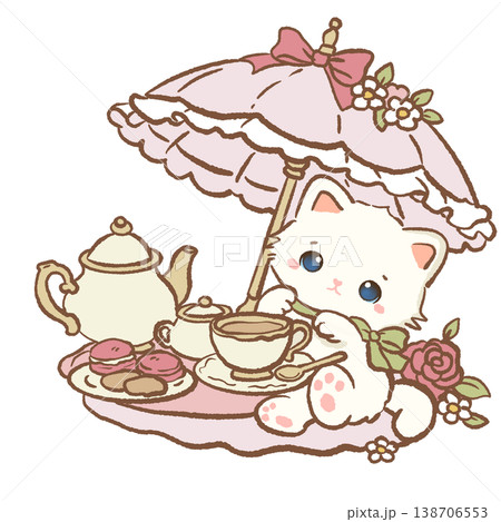 Cute Kawaii White Cat Sitting At Vintage Tea Picnic With Parasol And Teapot Cottagecore Illustration Cute Kawaii White Cat Sitting At Vintage Tea Picnic With Parasol And Teapot Cottagecore Illustration 138706553