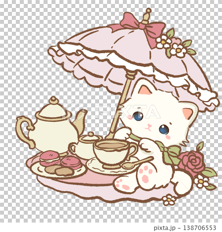 Cute Kawaii White Cat Sitting At Vintage Tea Picnic With Parasol And Teapot Cottagecore Illustration Cute Kawaii White Cat Sitting At Vintage Tea Picnic With Parasol And Teapot Cottagecore Illustration 138706553