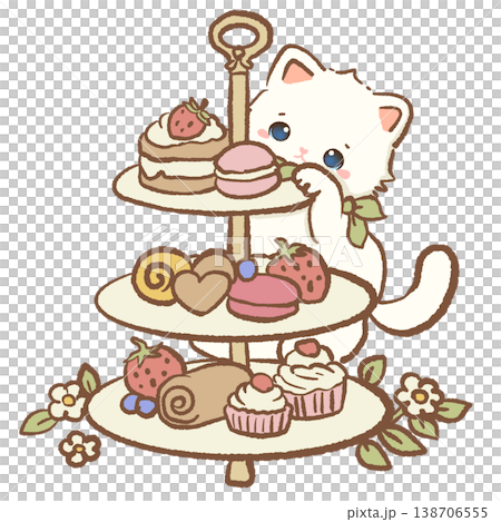 Cute Kawaii White Cat Reaching For Strawberry Cake On Vintage Three Tier Afternoon Tea Dessert Stand Illustration Cute Kawaii White Cat Reaching For Strawberry Cake On Vintage Three Tier Afternoon Tea Dessert Stand Illustration 138706555