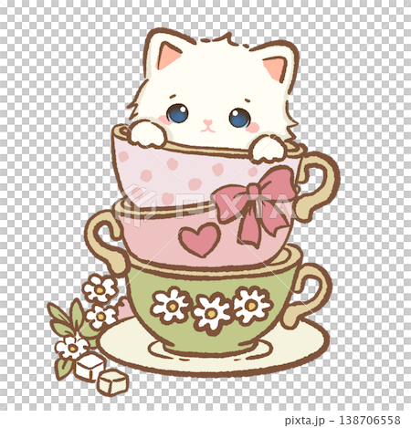 Cute Kawaii White Cat Sitting In Stacked Teacups Sweet Vintage Tea Party Dessert Aesthetic Illustration 138706558