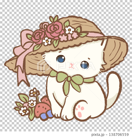 Cute Kawaii White Cat Wearing Floral Garden Hat Spring Cottagecore Strawberry Flowers Illustration 138706559
