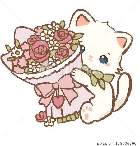 Cute Kawaii White Cat Holding Romantic Rose Bouquet Cottagecore Floral Illustration 138706560