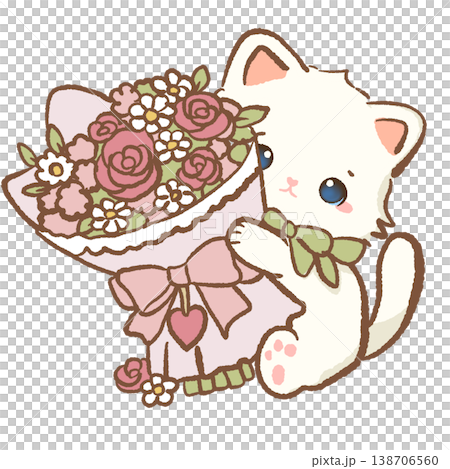 Cute Kawaii White Cat Holding Romantic Rose Bouquet Cottagecore Floral Illustration 138706560