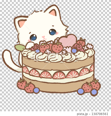 Cute Kawaii White Cat Sitting Behind Strawberry Cream Cake Sweet Dessert Bakery Illustration Cute Kawaii White Cat Sitting Behind Strawberry Cream Cake Sweet Dessert Bakery Illustration 138706561