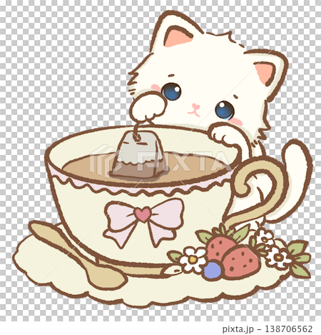 Cute Kawaii White Cat Dipping Teabag Into Large Teacup Cozy Tea Time Sweet Dessert Aesthetic Illustration Cute Kawaii White Cat Dipping Teabag Into Large Teacup Cozy Tea Time Sweet Dessert Aesthetic Illustration 138706562