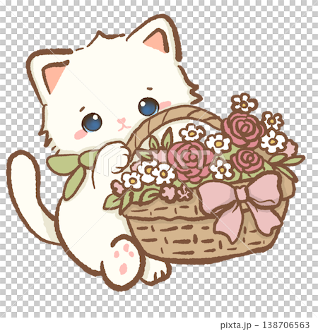 Cute Kawaii White Cat Holding Basket Of Roses Spring Garden Flowers Cottagecore Aesthetic Illustration 138706563